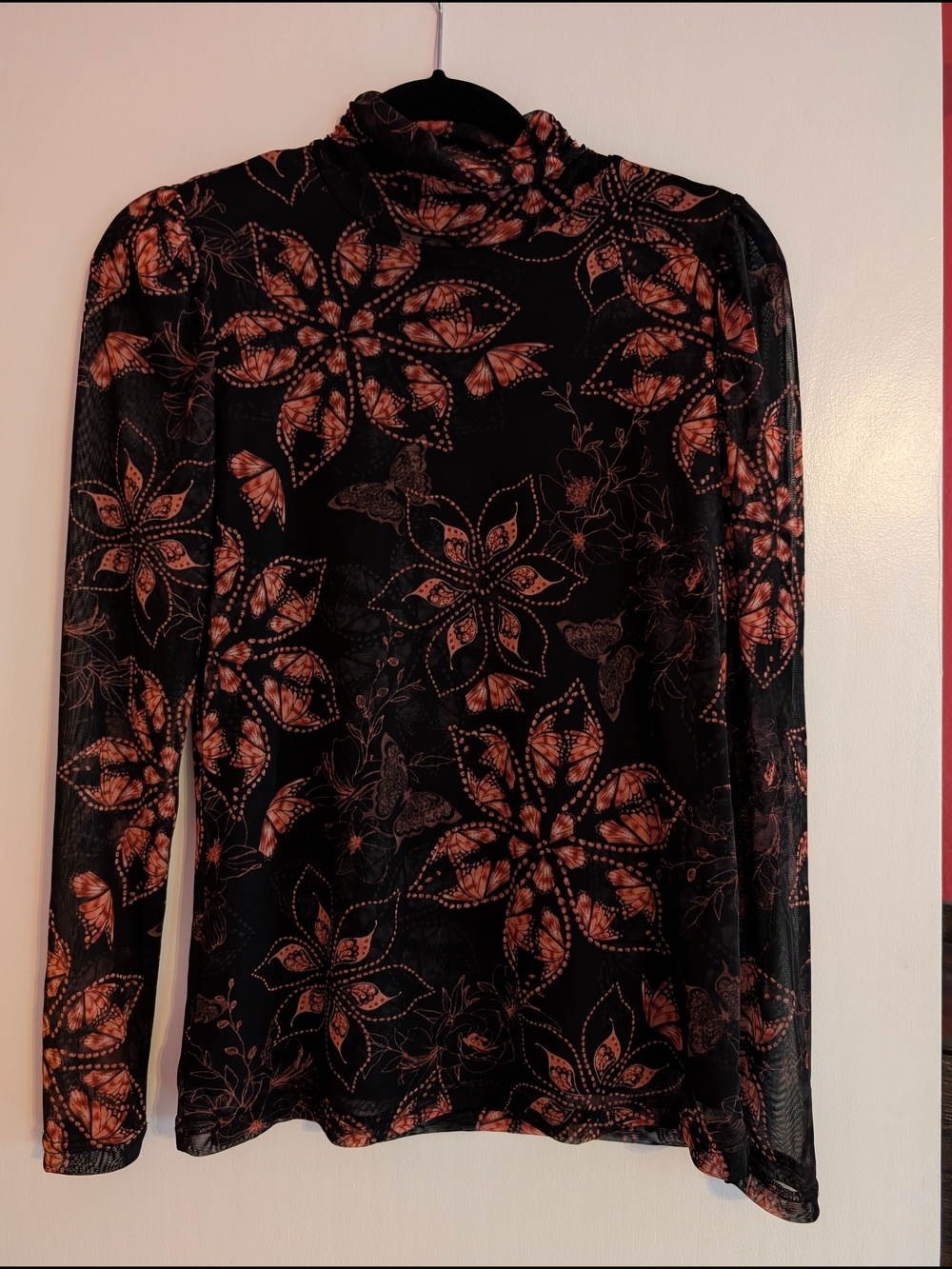 Jane and Delancey Black Mesh Long-Sleeve Mock Neck Top with Rust Floral Print